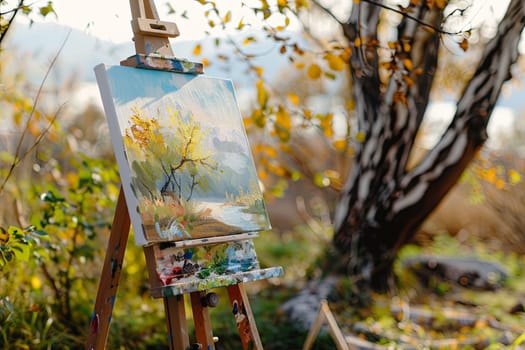 An easel stands in a vast field, displaying a painting. The artwork depicts a serene landscape, blending into the natural surroundings. The sunlight illuminates the canvas, creating a striking contrast with the greenery.