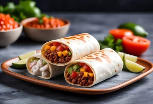 AI generated of burritos, mexican food surrounded by the ingredients