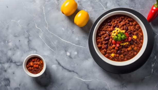 AI generated chili con carne on a bowl on a marble background