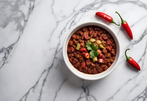 AI generated chili con carne on a bowl on a marble background