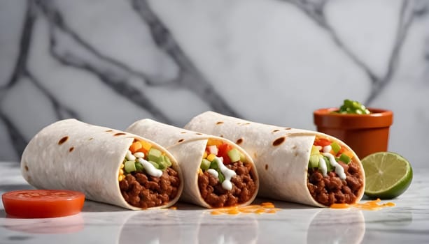 AI generated of burritos, mexican food surrounded by the ingredients