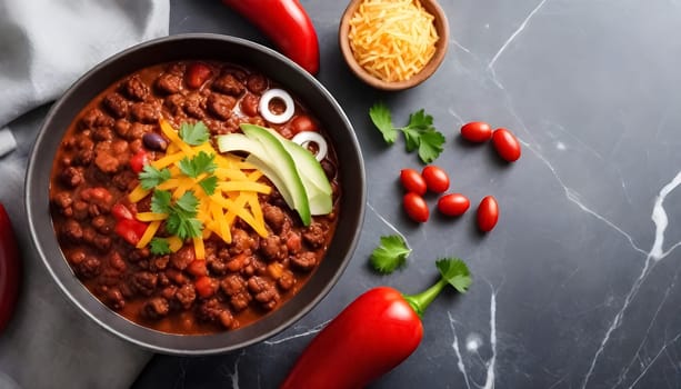 AI generated chili con carne on a bowl on a marble background