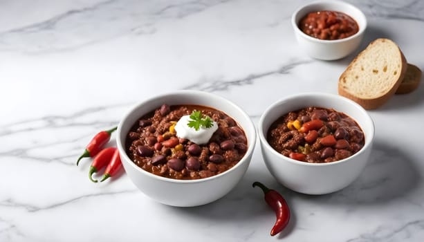 AI generated chili con carne on a bowl on a marble background
