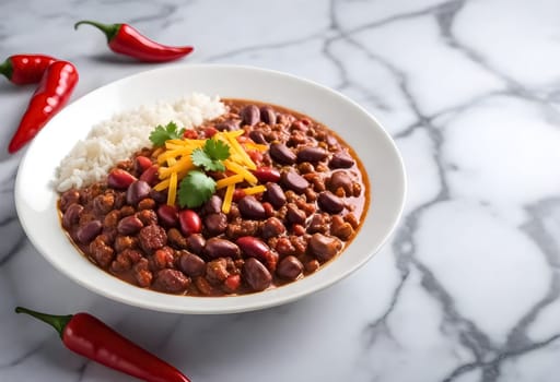 AI generated chili con carne on a bowl on a marble background