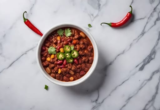 AI generated chili con carne on a bowl on a marble background
