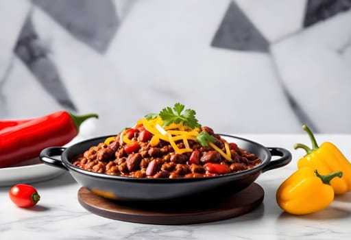 AI generated chili con carne on a bowl on a marble background