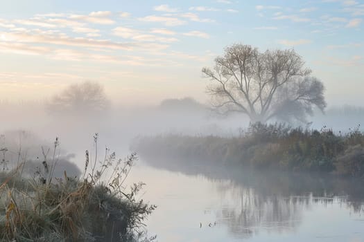 A body of water is enclosed by a lush green landscape of grass and trees. The tranquil scene captures the harmonious relationship between the water and its natural surroundings.