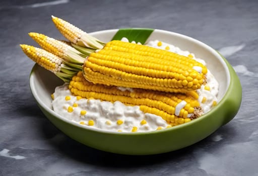 AI generated of Elote, Grilled Mexican Street Corn, charred cobs are slathered in sour cream based sauce, seasoned with chili powder and sprinkled with cheese, cilantro