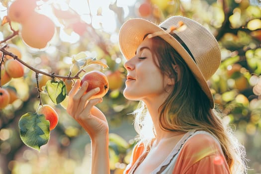 A woman wearing a hat is reaching up to pick a ripe apple from a tree with green leaves on a sunny day in an orchard.