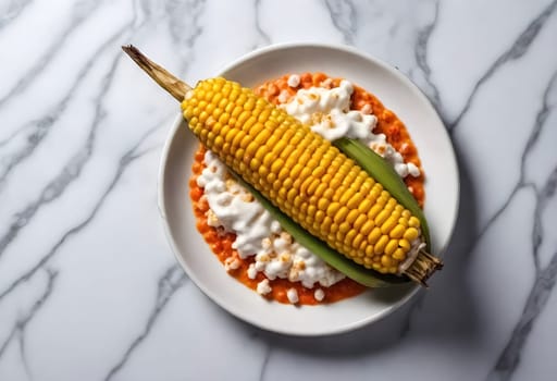 AI generated of Elote, Grilled Mexican Street Corn, charred cobs are slathered in sour cream based sauce, seasoned with chili powder and sprinkled with cheese, cilantro