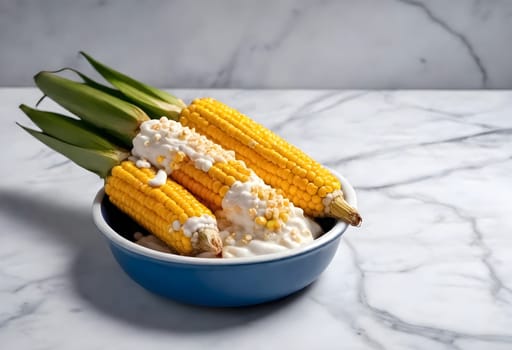 AI generated of Elote, Grilled Mexican Street Corn, charred cobs are slathered in sour cream based sauce, seasoned with chili powder and sprinkled with cheese, cilantro