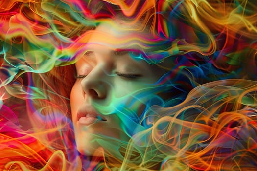 A woman with her eyes closed standing amidst a vibrant array of swirling, colorful smoke. The smoke envelops her, creating a striking visual contrast against her closed eyelids.