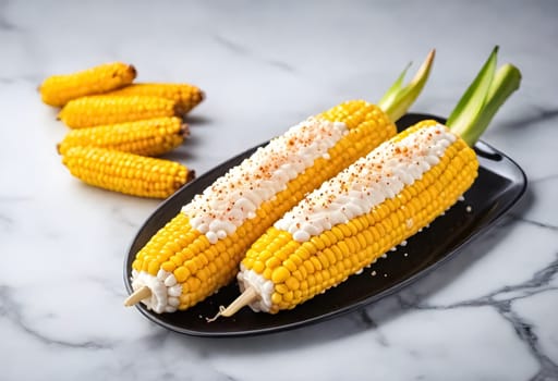 AI generated of Elote, Grilled Mexican Street Corn, charred cobs are slathered in sour cream based sauce, seasoned with chili powder and sprinkled with cheese, cilantro