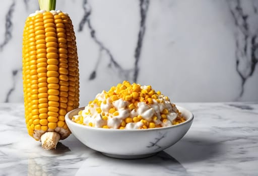 AI generated of Elote, Grilled Mexican Street Corn, charred cobs are slathered in sour cream based sauce, seasoned with chili powder and sprinkled with cheese, cilantro