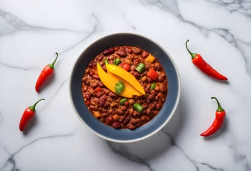 AI generated chili con carne on a bowl on a marble background