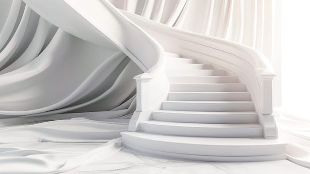 A white fabric curtain leading up concrete stairs. AI generated