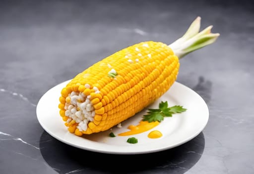 AI generated of Elote, Grilled Mexican Street Corn, charred cobs are slathered in sour cream based sauce, seasoned with chili powder and sprinkled with cheese, cilantro