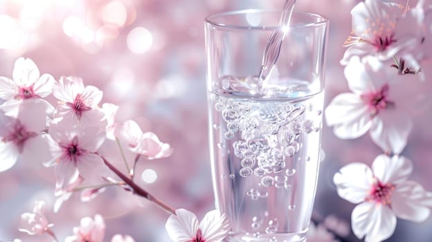 Close-up of water pouring in to glass over blossoming cherry background. Water splash in glass. AI generated