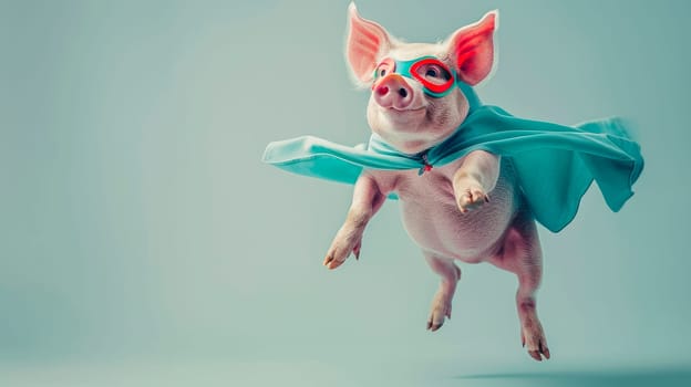 Pig superhero in eye mask and cloak, copy space. AI generated