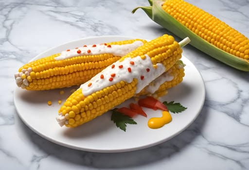 AI generated of Elote, Grilled Mexican Street Corn, charred cobs are slathered in sour cream based sauce, seasoned with chili powder and sprinkled with cheese, cilantro