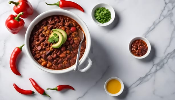 AI generated chili con carne on a bowl on a marble background