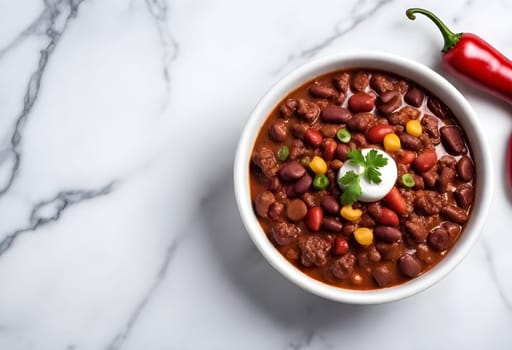 AI generated chili con carne on a bowl on a marble background