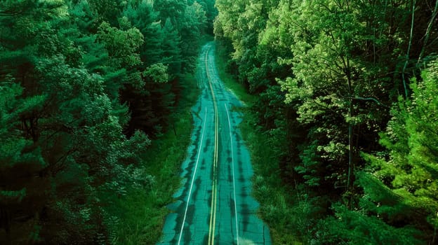 Aerial view of an empty road in the middle of the forest. AI generated