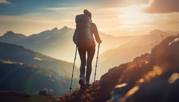 Rear view woman hiker with backpack climbing mountains and reaching the top. Conceptual scene with a female hiking and overcoming obstacles as ascends the rocky peaks. Leader success and achievement