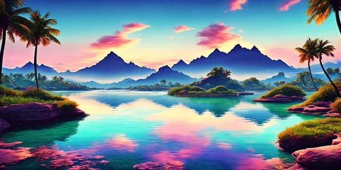 Sunset paints the sky in hues of pink and blue over a tranquil sea, palm trees lining the shore on Paradise fantasy planet.