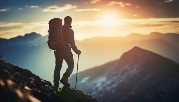 Rear view of a hiker with backpack climbing mountains and reaching the top. Conceptual scene with a man hiking and overcoming obstacles as ascends the rocky peaks. Leader success and achievement