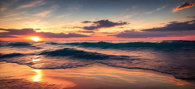 Sunset over the sea, waves on the foreground, panorama