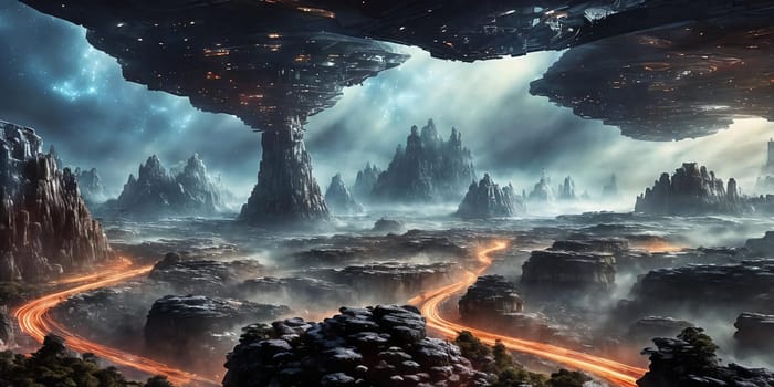 A dazzling megastructure weaves through an asteroid belt, mining facilities, and transport hubs, bustling with interstellar trade and commerce.