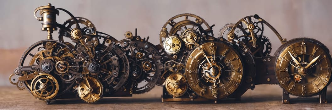 Steampunk Clockwork: An intricate mechanism blending gears, cogs, vintage brass elements, evoking Victorian-era technology. Think of a fusion between artistry functionality in a time-worn machine. Generative AI