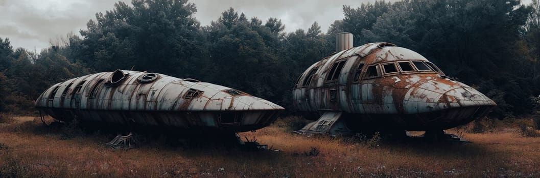 An abandoned spaceship on an alien planet, rusted metal, broken windows, overgrown vegetation reclaim the vessel. A scene of desolation and nature's triumph. Generative AI.