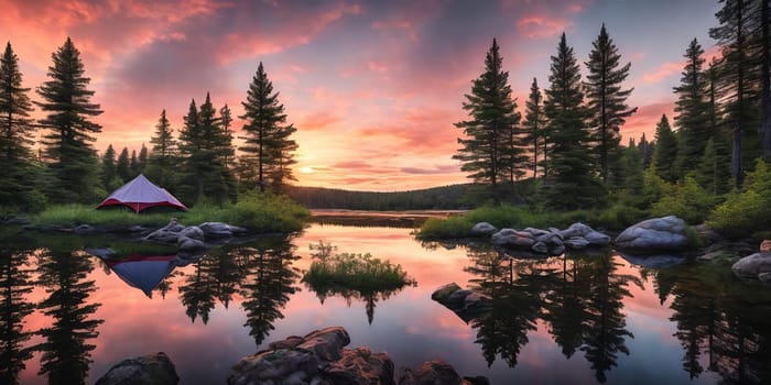 A breathtaking scene at dusk: a serene mountain forest by a glittering lake with a tent pitched. Generative AI