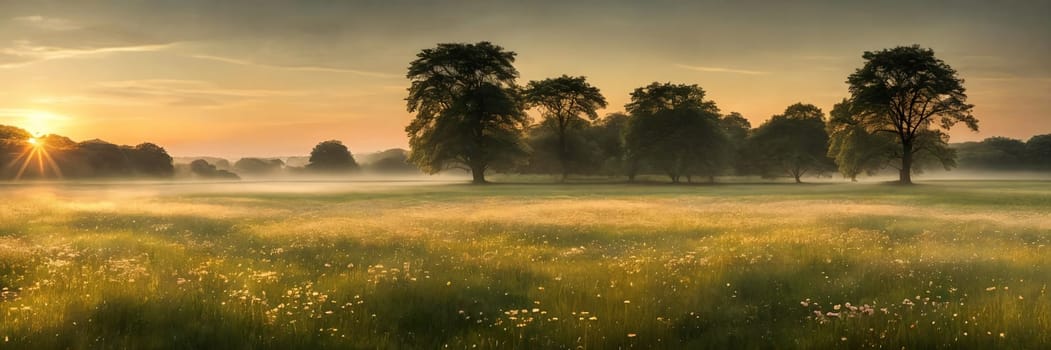 Peacefulness of a countryside meadow bathed in the soft light of dawn, with a gentle mist hovering over the grass adding a touch of mystique to the scene