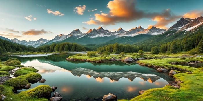 A breathtaking mountain valley with a tranquil lake, surrounded by lush forest. Generative AI