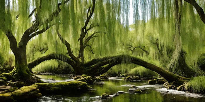 Whispering Willow Grove. Beneath ancient willow trees, their long branches trailing in a silver river, tiny doors appear. Fairies, sprites, and woodland creatures gather here, sharing secrets and laughter.