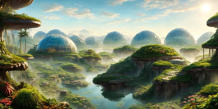 Vibrant biodome city on alien planet. diverse ecosystems, artificial, bioengineered. A futuristic oasis teeming with life innovation.
