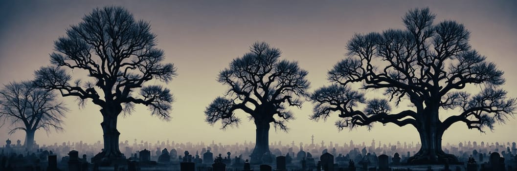 A hauntingly beautiful graveyard shrouded in mist, with weathered tombstones standing sentinel amidst gnarled trees and twisted branches reaching towards the moon.