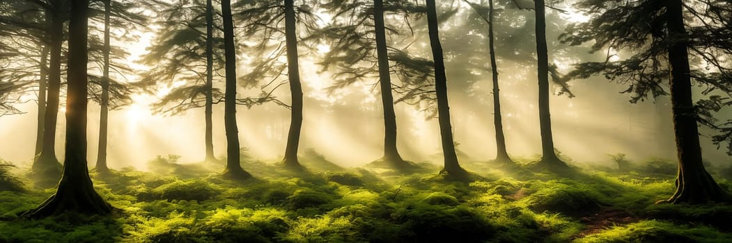 Serene beauty of a misty forest at sunrise, with the soft light filtering through the trees creating a magical atmosphere