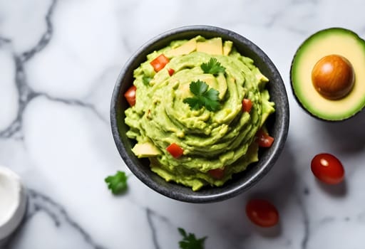AI generated of a bowl of guacamole with avocado and tomatoes on it, traditional mexican food