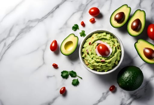 AI generated of a bowl of guacamole with avocado and tomatoes on it, traditional mexican food