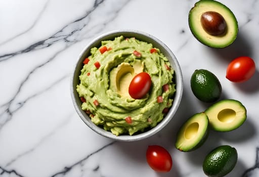 AI generated of a bowl of guacamole with avocado and tomatoes on it, traditional mexican food