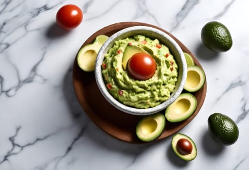 AI generated of a bowl of guacamole with avocado and tomatoes on it, traditional mexican food