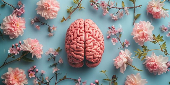 Human brain with spring flowers, self care and mental health concept, positive thinking, creative mind