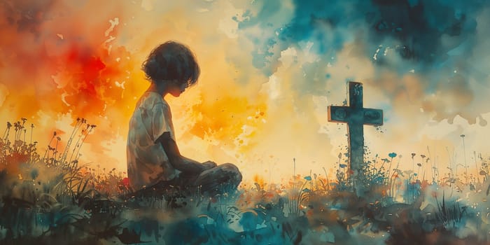 Child praying, religious cross, christian church, belief and faith concept, catholic and protestant community, religion of Jesus Christ