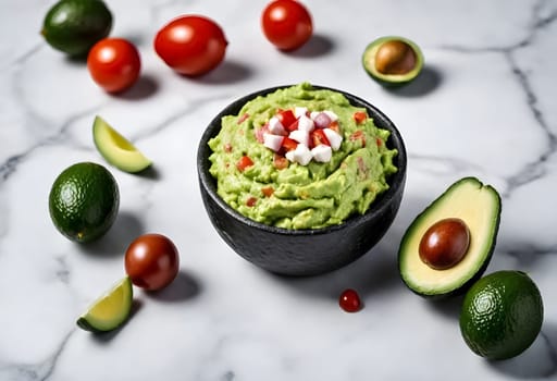 AI generated of a bowl of guacamole with avocado and tomatoes on it, traditional mexican food
