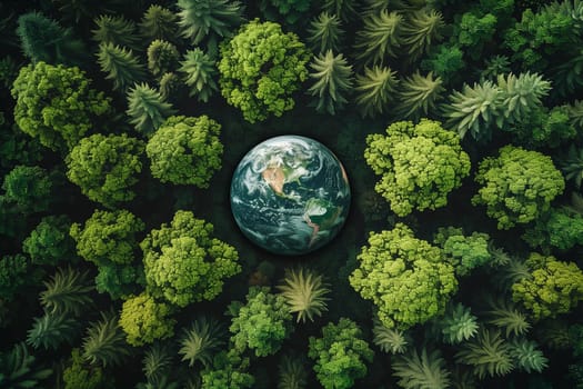 Forest, planet earth with trees, climate change, global warming, sustainable lifestyle, ecology and environment