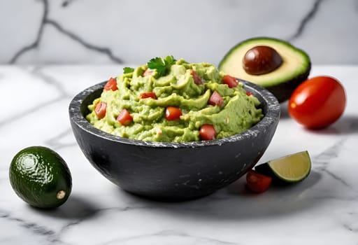 AI generated of a bowl of guacamole with avocado and tomatoes on it, traditional mexican food